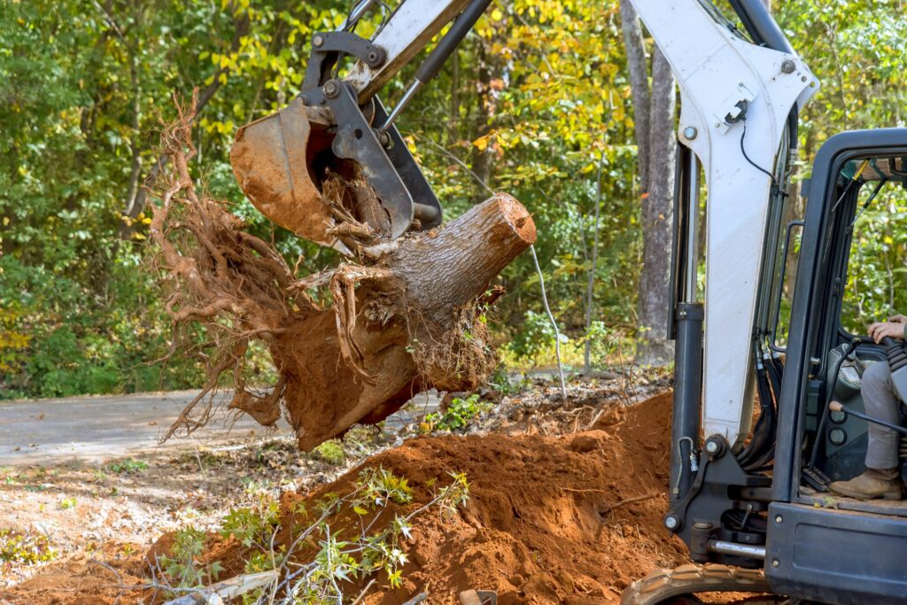 Utilizing skid steer tractor to remove a roots and clear land for housing complex construction